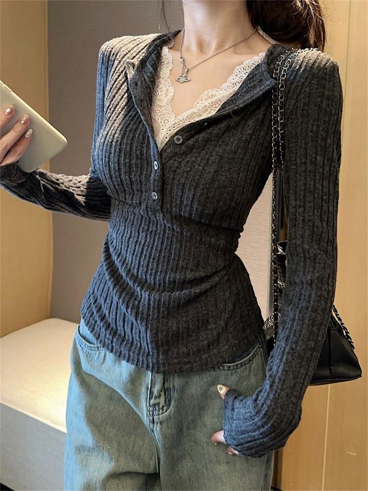 Winter Clothing Aesthetic - المرأة الأعلى الدانتيل المرقعة كم طويل
